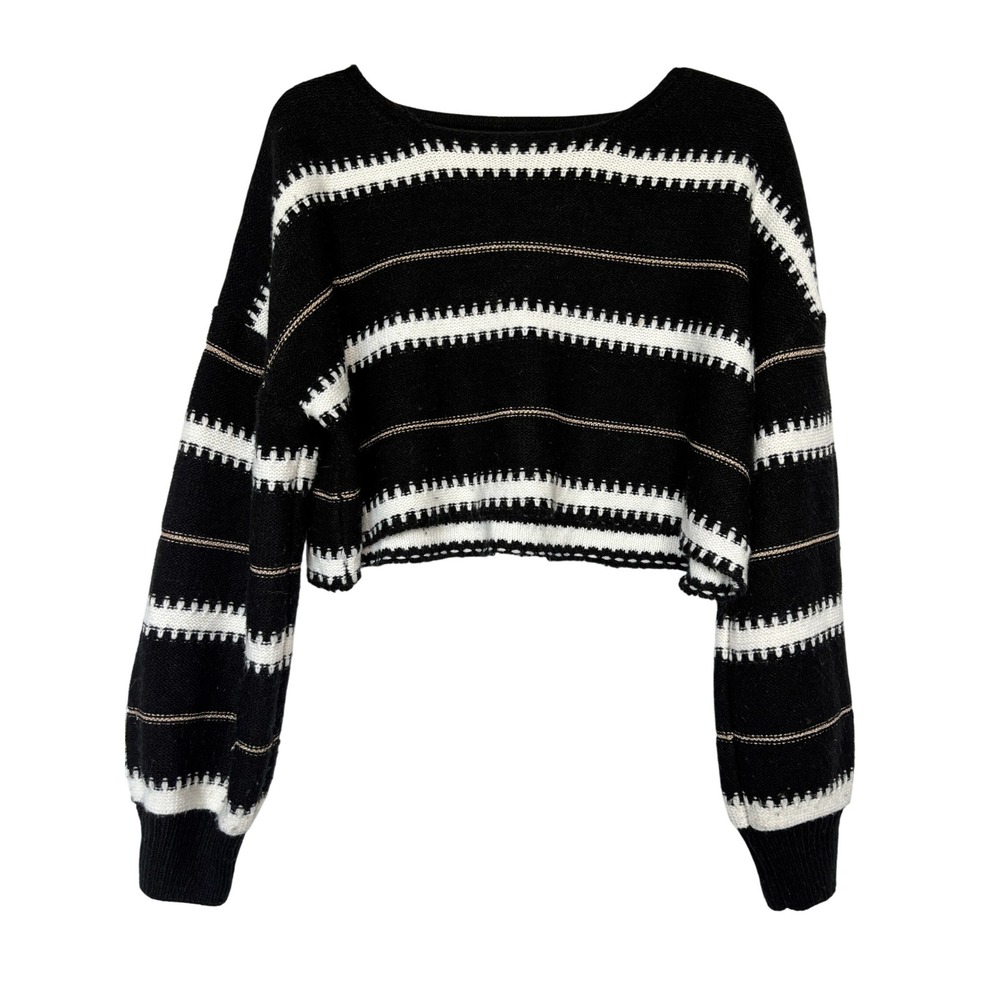 Y2K Black White Stripe Cropped Sweater Boat Neck Bubble Sleeve Knit Women's Top